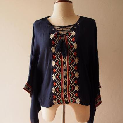 Navy Embroidery Poncho Top Boho Hippie Style..