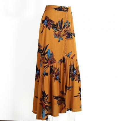 Vintage Floral-Print Mustard Maxi Skirt With Button Down Detail And ...