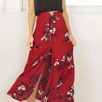 Red Long Boho Floral Skirt Bohemian Maxi Skirt
