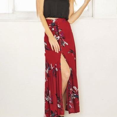 Red Long Boho Floral Skirt Bohemian Maxi Skirt