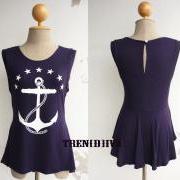The Anchor Nautical Asymmetric Hem Women T-Shirt (Navy)