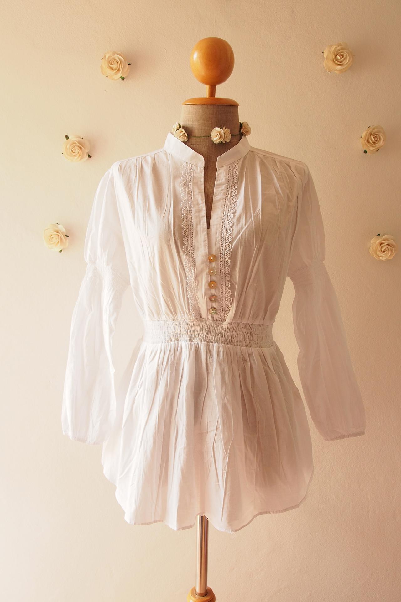 3/4 Sleeve White Cotton Blouse Beach Summer Boho Bohemian Gypsy Style ( Size - Us0-us6)