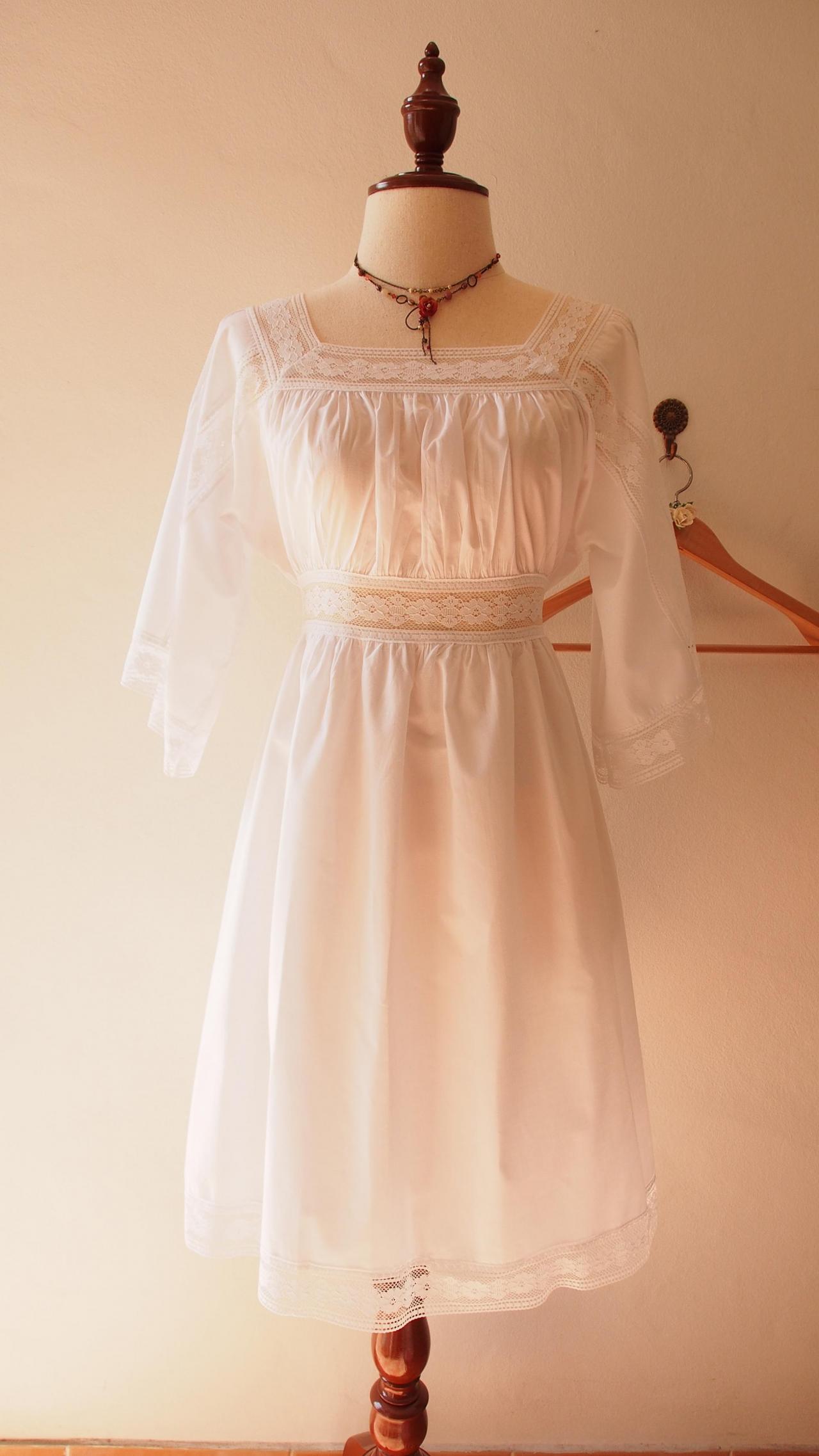 Marie Dress Beach Boho Long Dress Bohemian Rustic Wedding Party Sleeve Dress White Cotton Lace Birthday Anniversary Victorian Dress