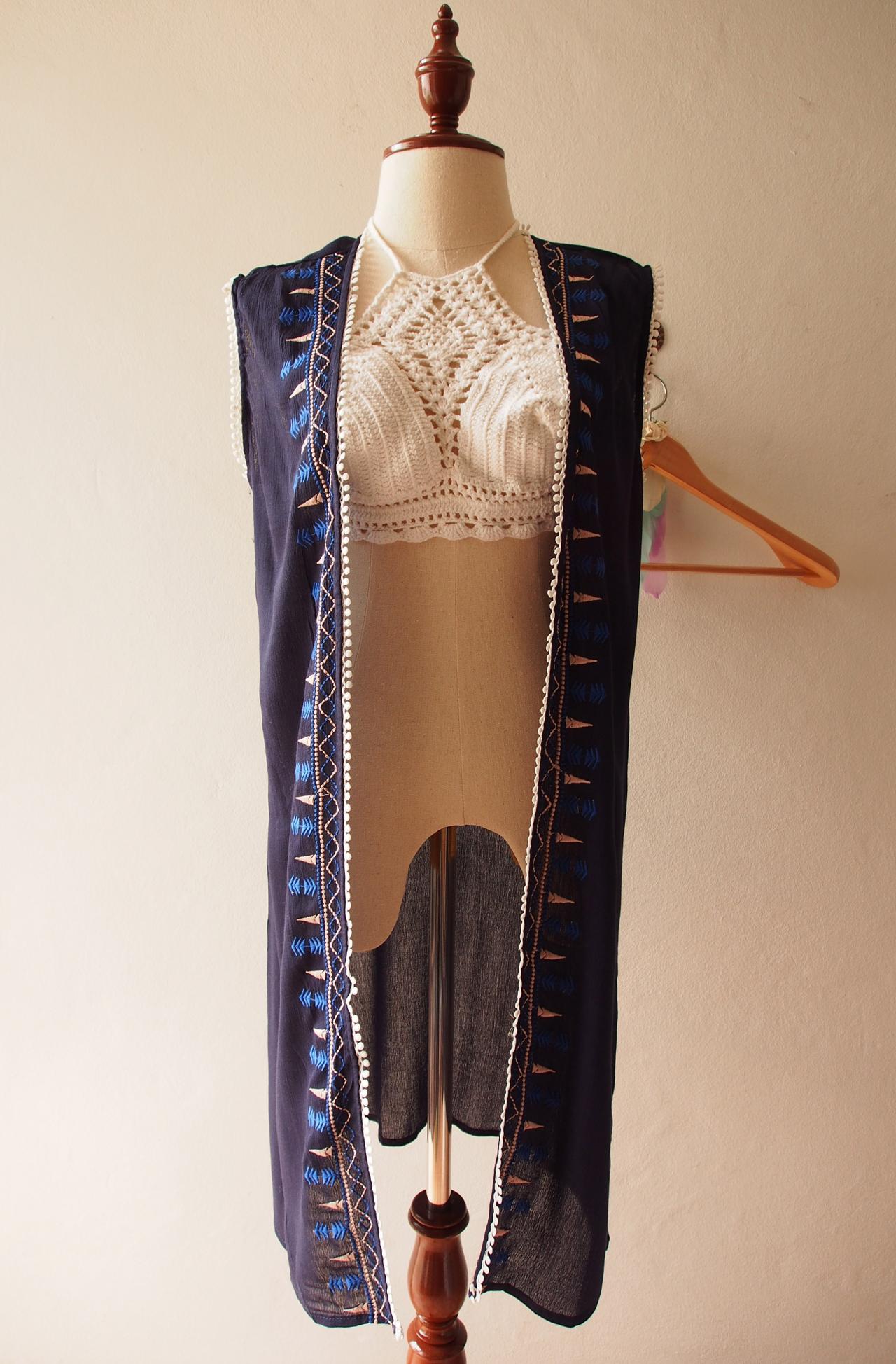 Navy Embroidery Cardigan Boho Ponchos Hippie Style Long Cardigan Size