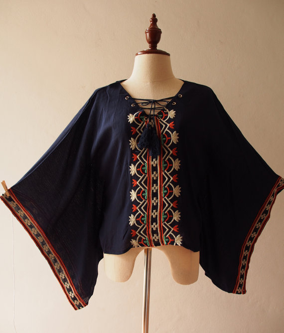 Navy Embroidery Poncho Top Boho Hippie Style Blouse Shirt