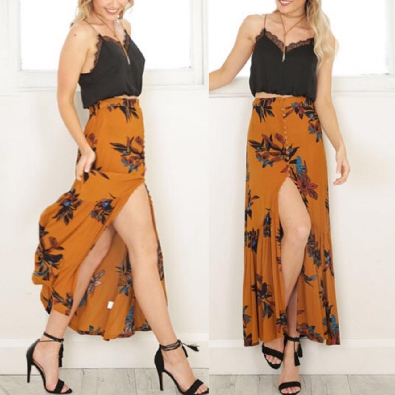 Vintage Floral-print Mustard Maxi Skirt With Button Down Detail And Side Slit