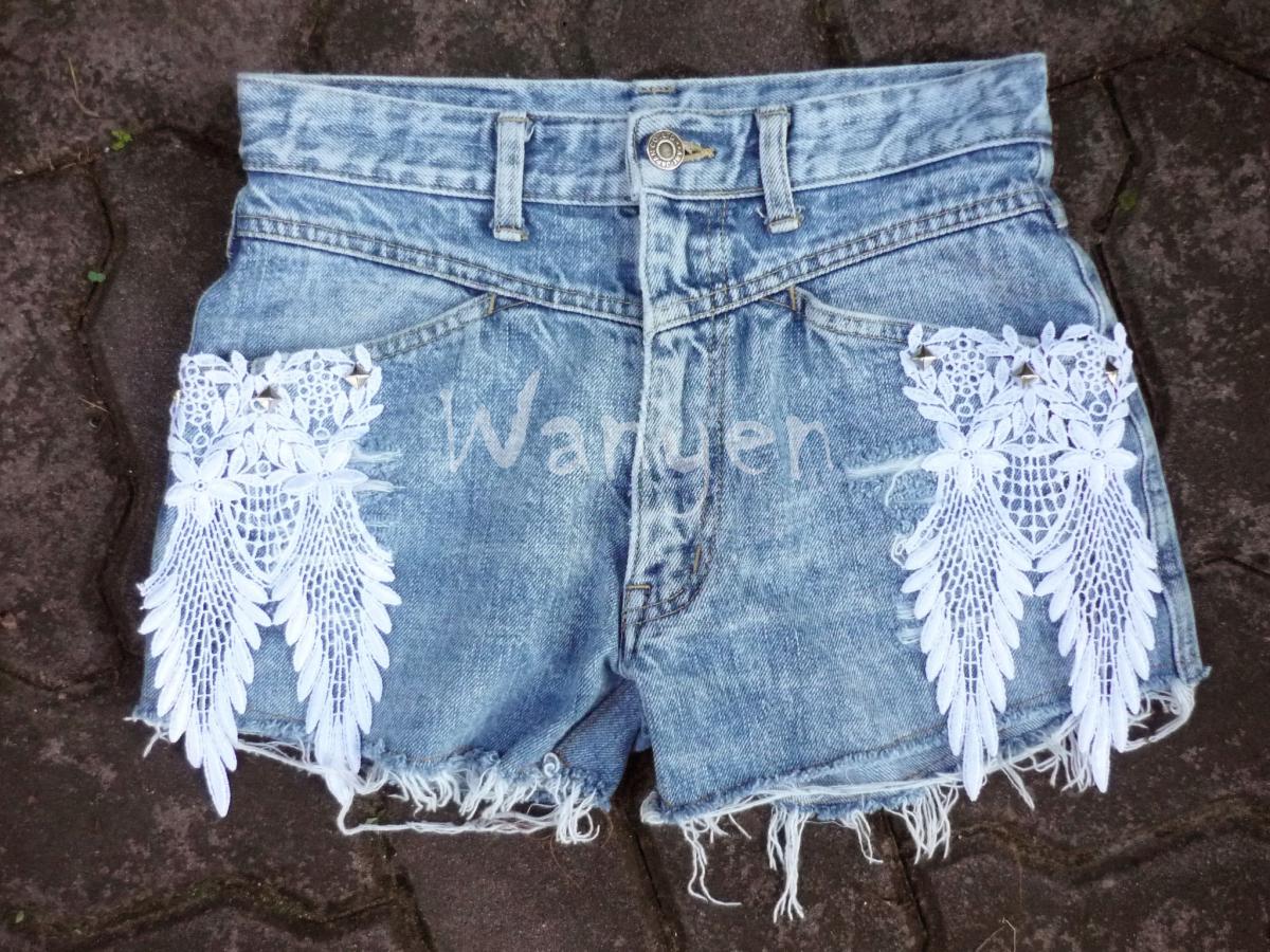 Hippie Lace Shorts With Stud Upcycled Destroyed Denim Shorts Lace Shorts Jeans Denim Shorts